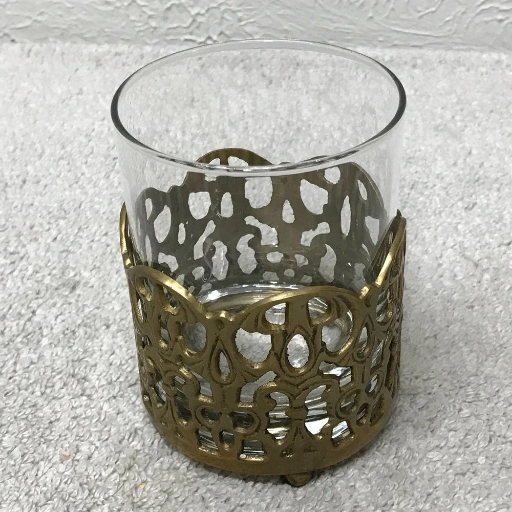 Vintage Brass Glass Votive Candle Holder Filigree Open Work Footed Sleeve India